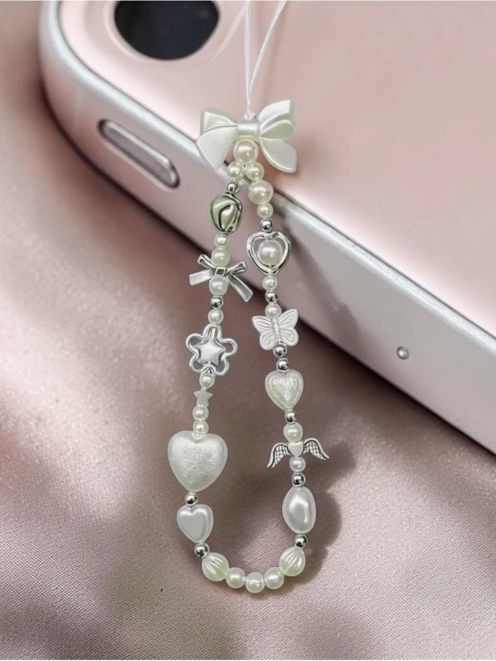 Pearl Charm Phone Strap with Hearts & Bows - White